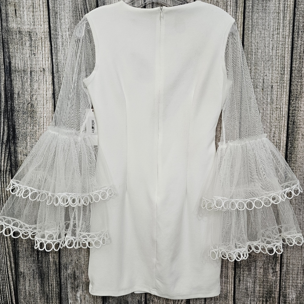 INA White Knit Nwt Mini Sheath Dress with Mesh Tiered Bell Sleeves - Picture 5 of 17